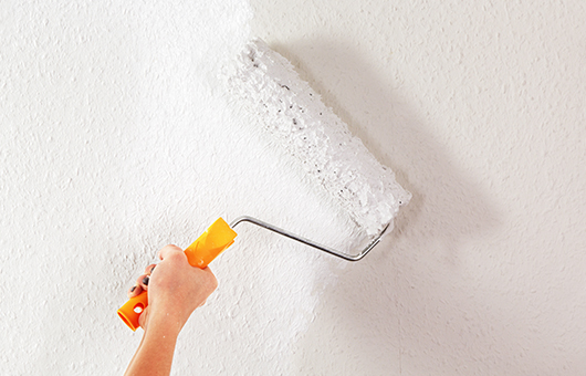 Malerbedarf für Innen- und Außenarbeiten – Farbroller beim Streichen einer Wand